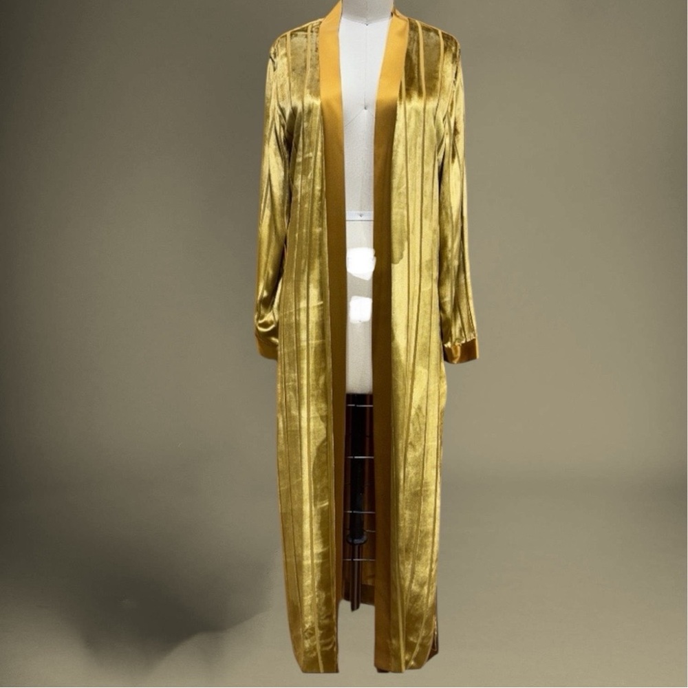 Michelle Mason Runway Luxury 100%Silk, Long Bronze Gold Shimmer Overcoat Jacket